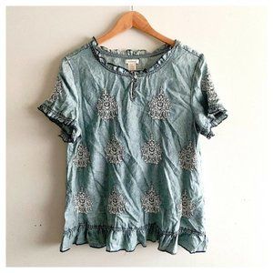 Sundance Embroidered Chambray Ruffle Blouse